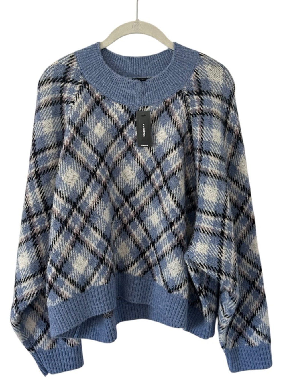 NEW White & Blue Express Plaid Style Design Sweater Top Shirt Womens Size XL Fit
